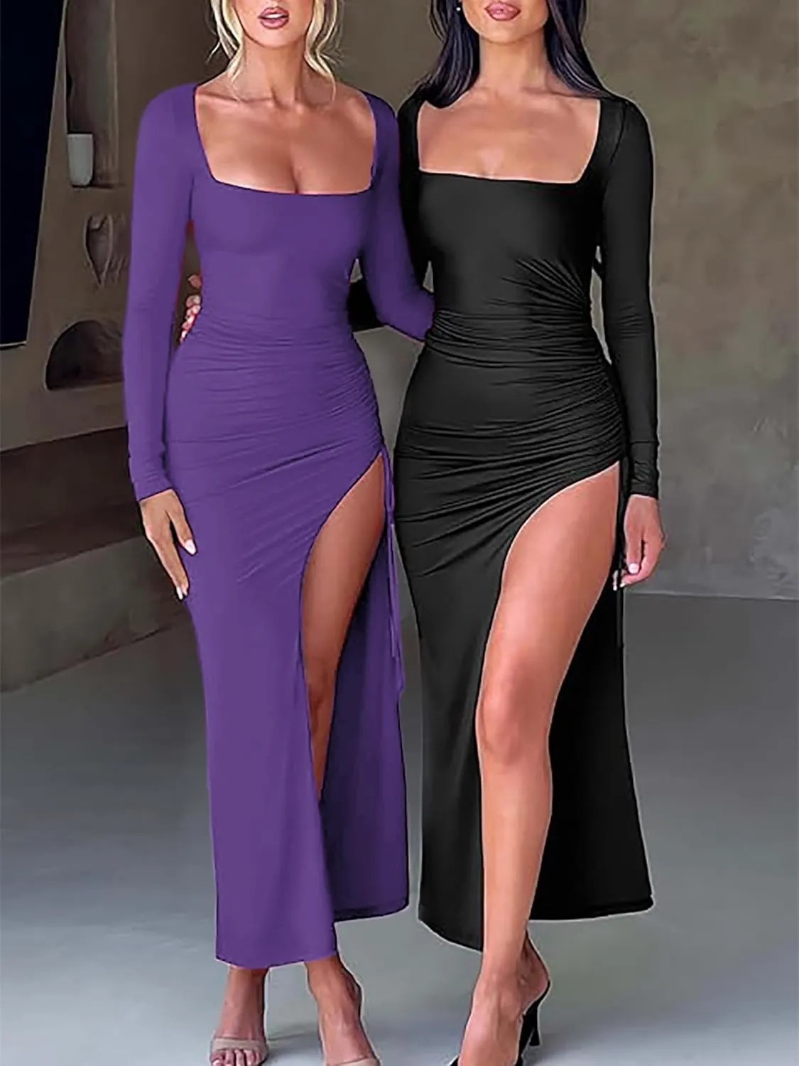 2025 Women's Square Neck Long Sleeve High Side Thigh Slit Drawstring Bodycon Ruched Sexy Club Party Maxi Long Dresses