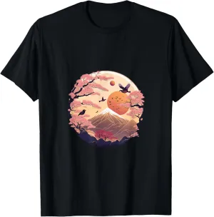 Blossoming Horizon Cherry Blossom and Mountain Landscape T-Shirt