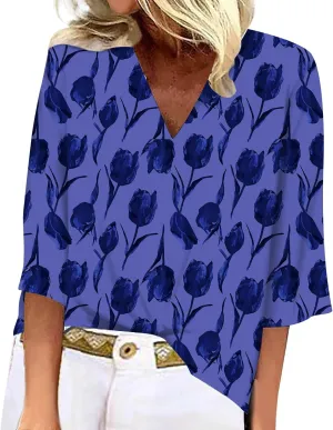 Boho Tunic T Shirts 3/4 Sleeve Womens Tops Vintage Floral Tshirts V Neck Japanese Summer Blouses Tees Plus Size