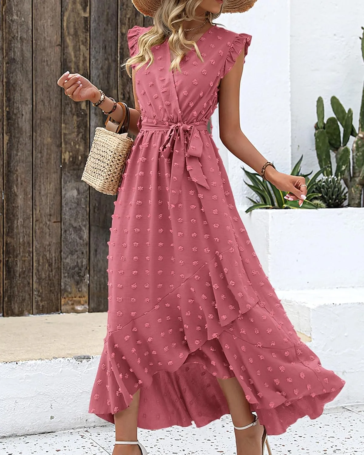 BTFBM Women V Neck Summer Dress 2025 Cap Sleeve Swiss Dot Boho Flowy Ruffle Slit Beach Party Long Maxi Cocktail Dresses