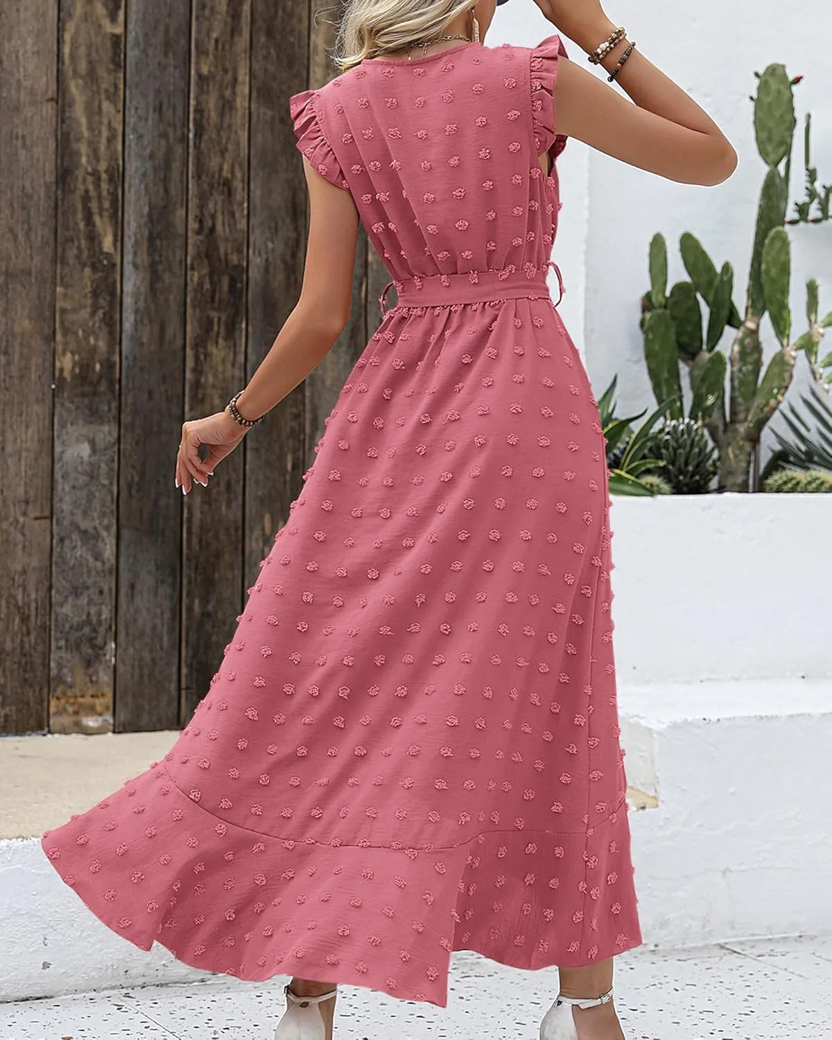 BTFBM Women V Neck Summer Dress 2025 Cap Sleeve Swiss Dot Boho Flowy Ruffle Slit Beach Party Long Maxi Cocktail Dresses