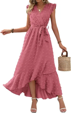 BTFBM Women V Neck Summer Dress 2025 Cap Sleeve Swiss Dot Boho Flowy Ruffle Slit Beach Party Long Maxi Cocktail Dresses
