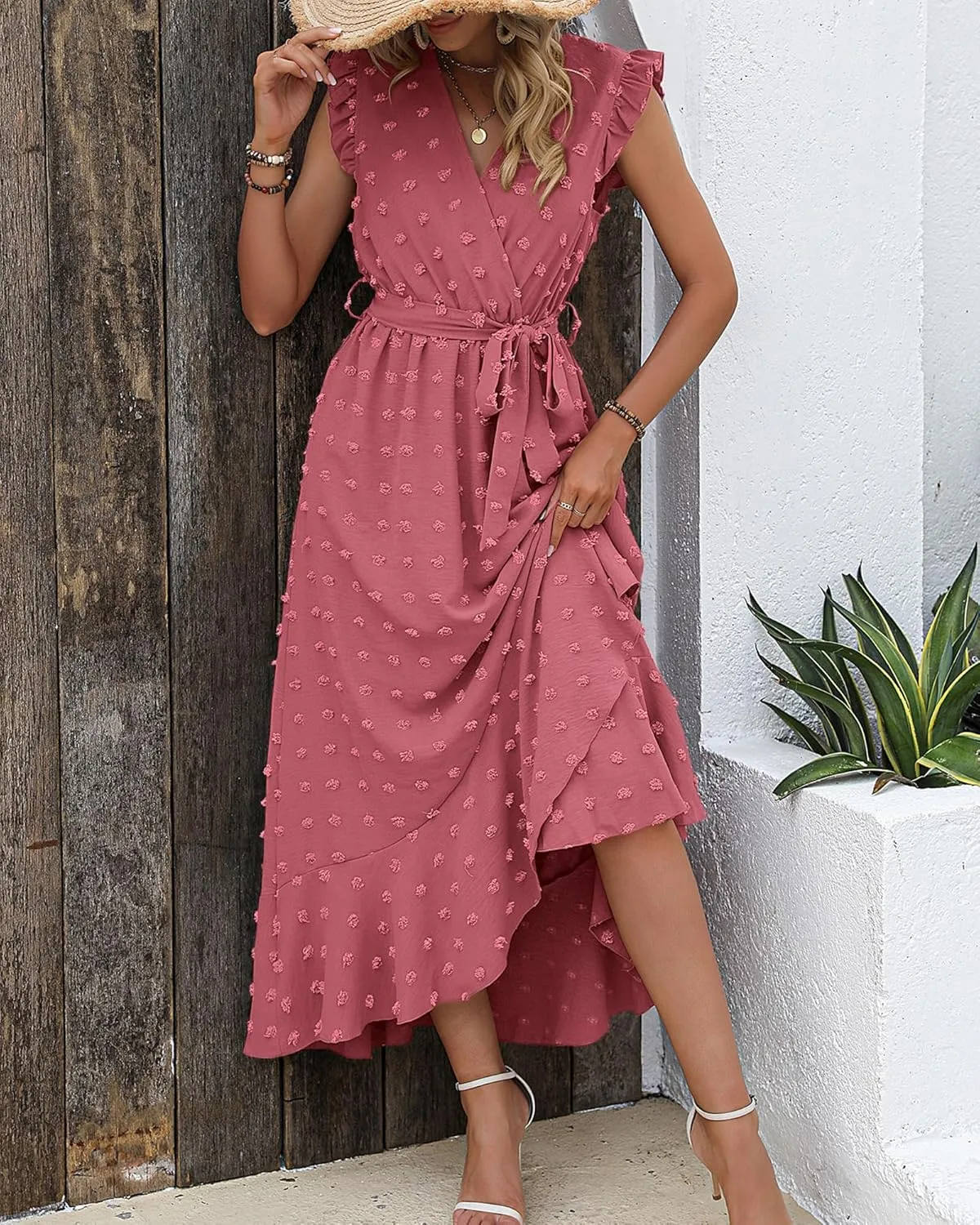 BTFBM Women V Neck Summer Dress 2025 Cap Sleeve Swiss Dot Boho Flowy Ruffle Slit Beach Party Long Maxi Cocktail Dresses