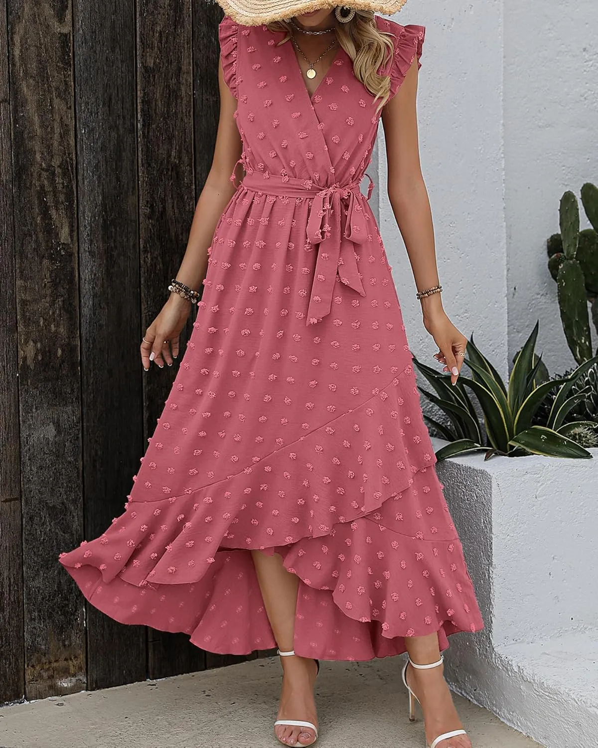 BTFBM Women V Neck Summer Dress 2025 Cap Sleeve Swiss Dot Boho Flowy Ruffle Slit Beach Party Long Maxi Cocktail Dresses