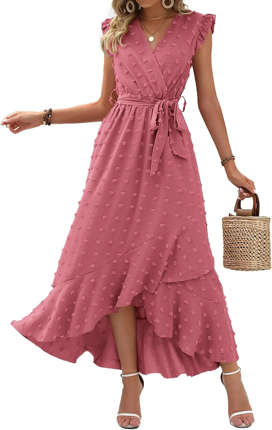 BTFBM Women V Neck Summer Dress 2025 Cap Sleeve Swiss Dot Boho Flowy Ruffle Slit Beach Party Long Maxi Cocktail Dresses