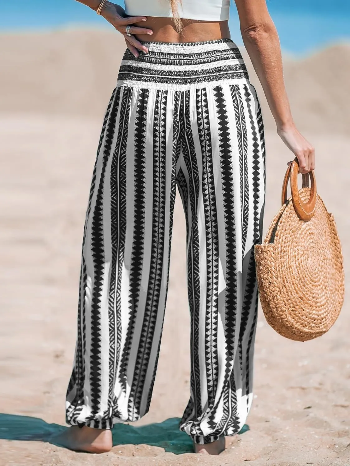 CUPSHE Women Pants Smocked Waist Pants Tapered Leg Pant Loose Fit Long Trousers Casual Beach