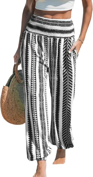 CUPSHE Women Pants Smocked Waist Pants Tapered Leg Pant Loose Fit Long Trousers Casual Beach