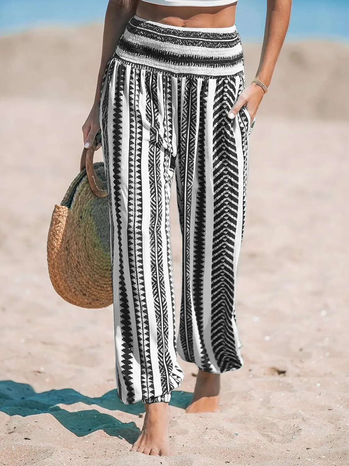 CUPSHE Women Pants Smocked Waist Pants Tapered Leg Pant Loose Fit Long Trousers Casual Beach