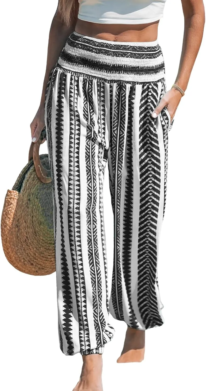 CUPSHE Women Pants Smocked Waist Pants Tapered Leg Pant Loose Fit Long Trousers Casual Beach