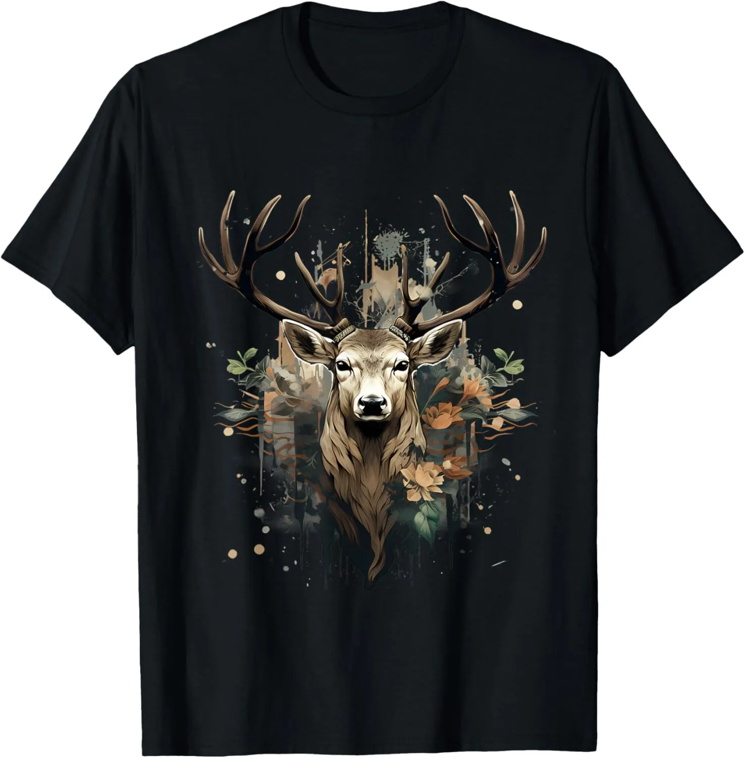 Deer Portrait Floral Artwork Wildlife Nature Animal Lovers T-Shirt