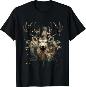 Deer Portrait Floral Artwork Wildlife Nature Animal Lovers T-Shirt