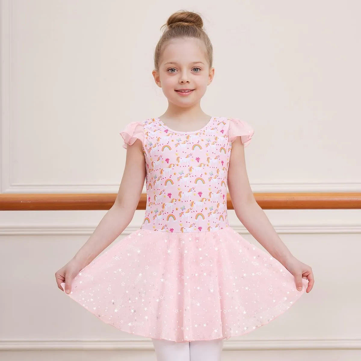 DIPUG Girls Ballet Leotards Toddler Shiny Dance Leotard Dresses with Ruffle Sleeve