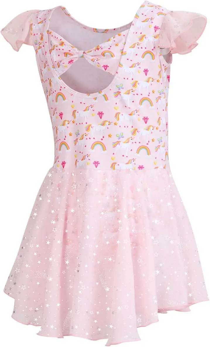 DIPUG Girls Ballet Leotards Toddler Shiny Dance Leotard Dresses with Ruffle Sleeve