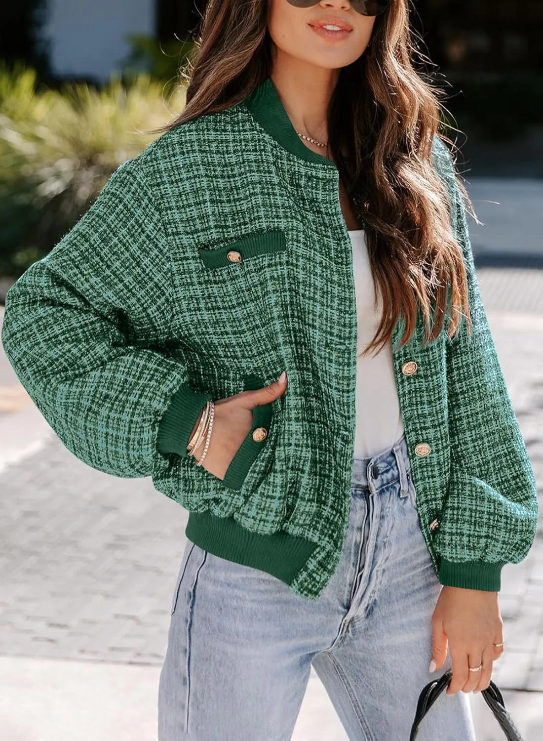 EVALESS Fashion Jacket for Women 2024 Fall Winter Trendy Button Short Shacket Long Sleeve Plaid Cropped Jackets