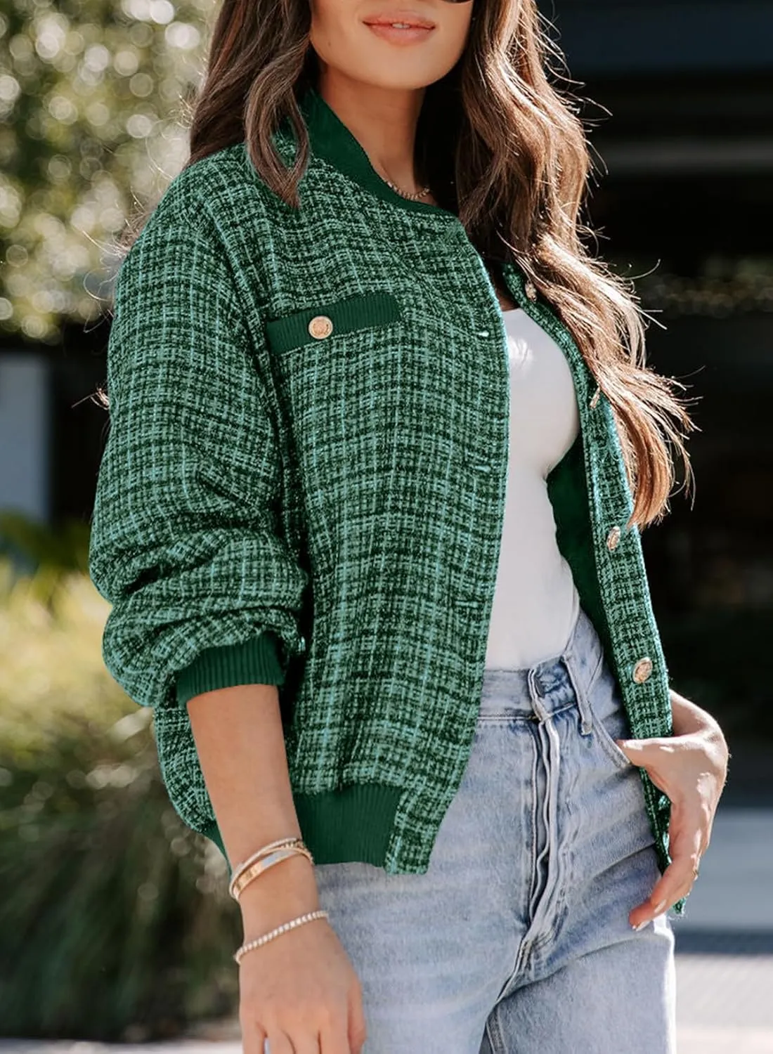 EVALESS Fashion Jacket for Women 2024 Fall Winter Trendy Button Short Shacket Long Sleeve Plaid Cropped Jackets