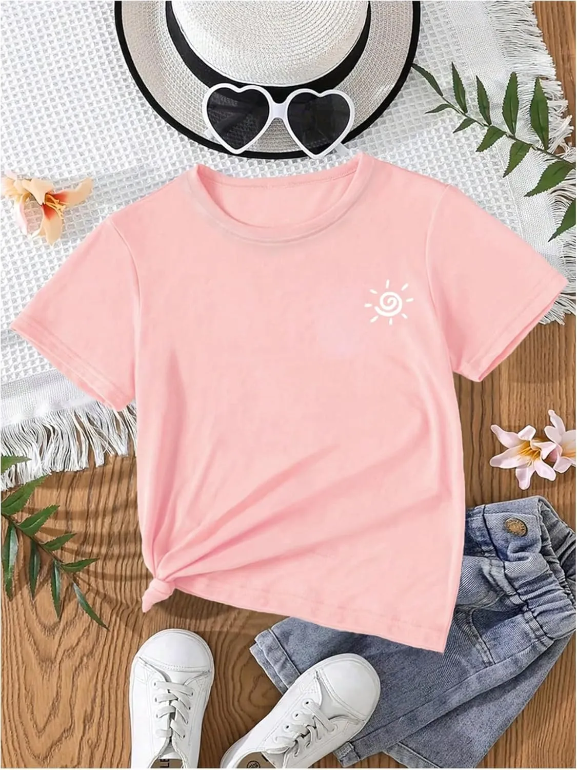 Floerns Girls Floral Print Drop Shoulder Tee Half Sleeve Casual T Shirt