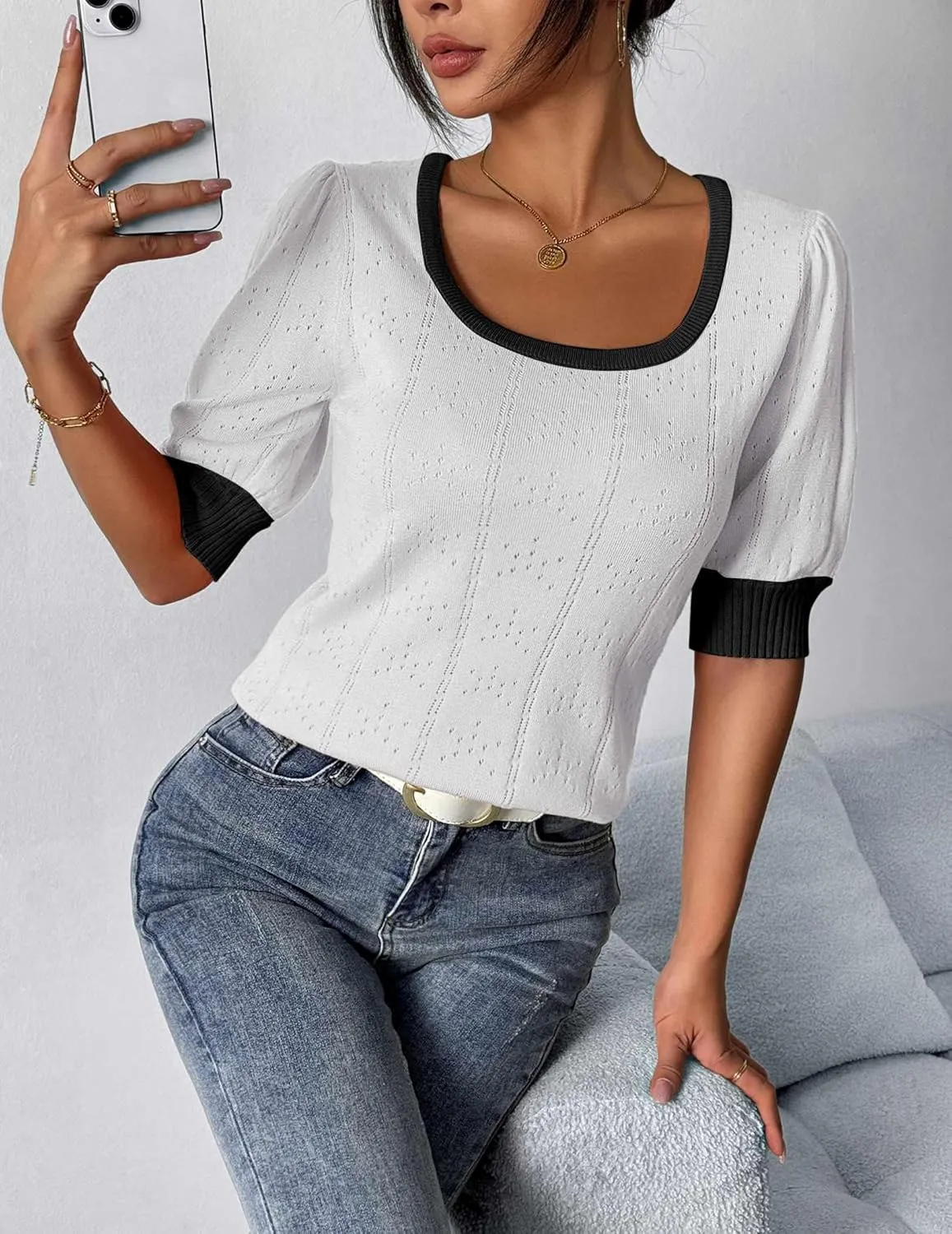 HOTOUCH Sweater for Women 2024 Fall Trendy Puff Tops Casual Eyelet Knit Square Neck Tunic Shirt Blouses S-XXL