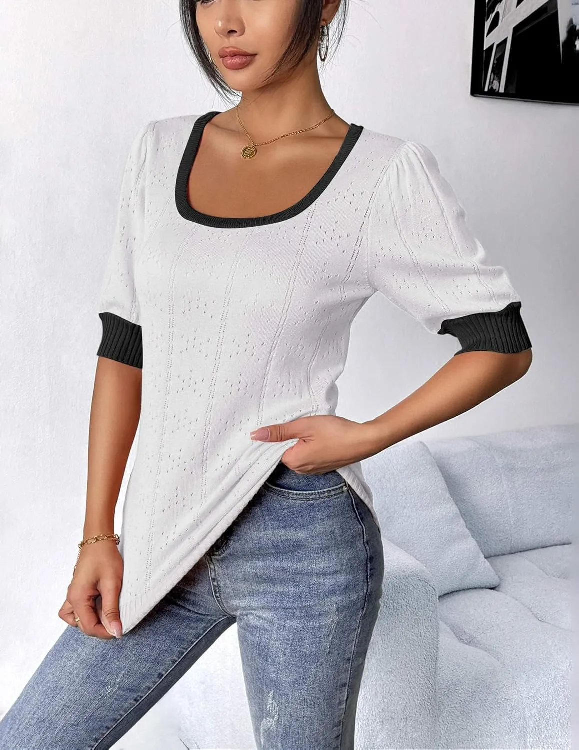 HOTOUCH Sweater for Women 2024 Fall Trendy Puff Tops Casual Eyelet Knit Square Neck Tunic Shirt Blouses S-XXL