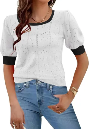 HOTOUCH Sweater for Women 2024 Fall Trendy Puff Tops Casual Eyelet Knit Square Neck Tunic Shirt Blouses S-XXL