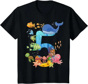 Kids 5 Years Old Sea Fish Ocean Animal 5th Birthday Boy Girl T-Shirt