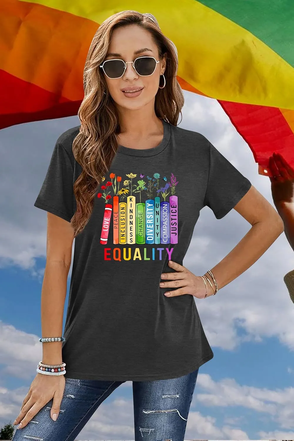 LAZYCHILD Pride Shirts for Women: Rainbow Heart Graphic Shirt Gay Pride T-Shirt LGBT Equality Short Sleeve Tops