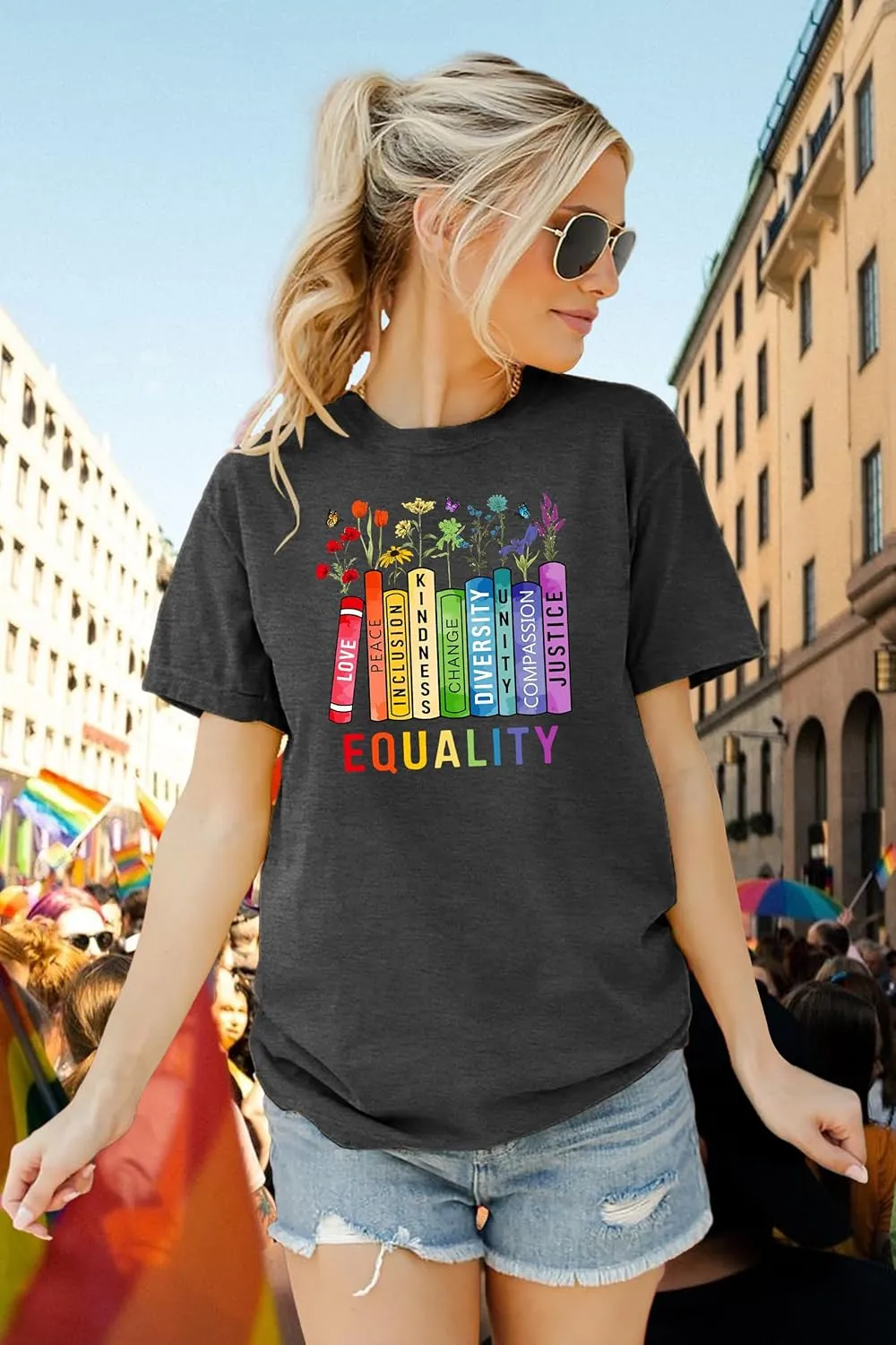 LAZYCHILD Pride Shirts for Women: Rainbow Heart Graphic Shirt Gay Pride T-Shirt LGBT Equality Short Sleeve Tops