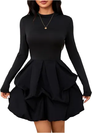 MakeMeChic Women's Long Sleeve Mock Neck Mini Dress Ruffle Hem A Line Short Dresses