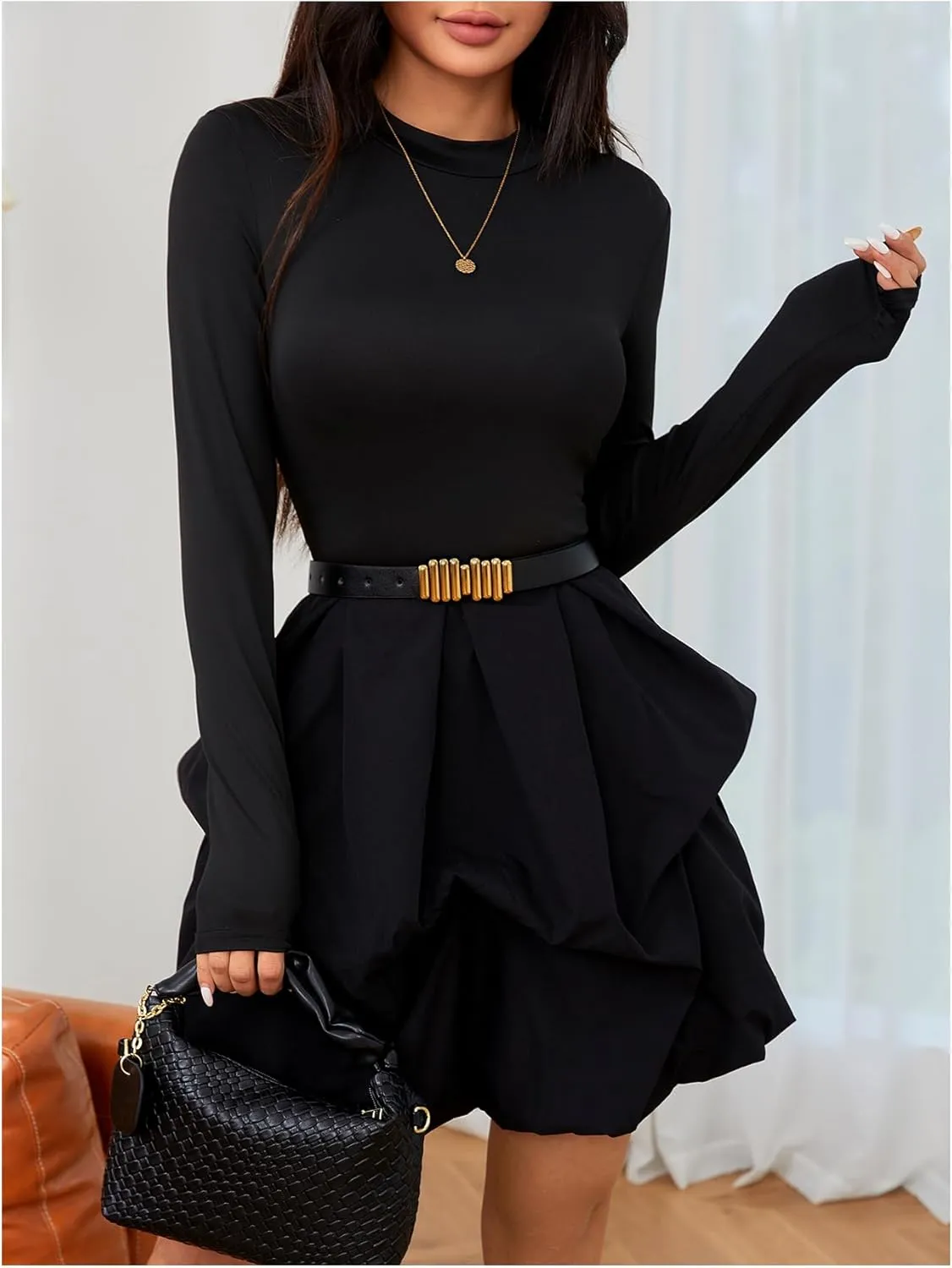 MakeMeChic Women's Long Sleeve Mock Neck Mini Dress Ruffle Hem A Line Short Dresses