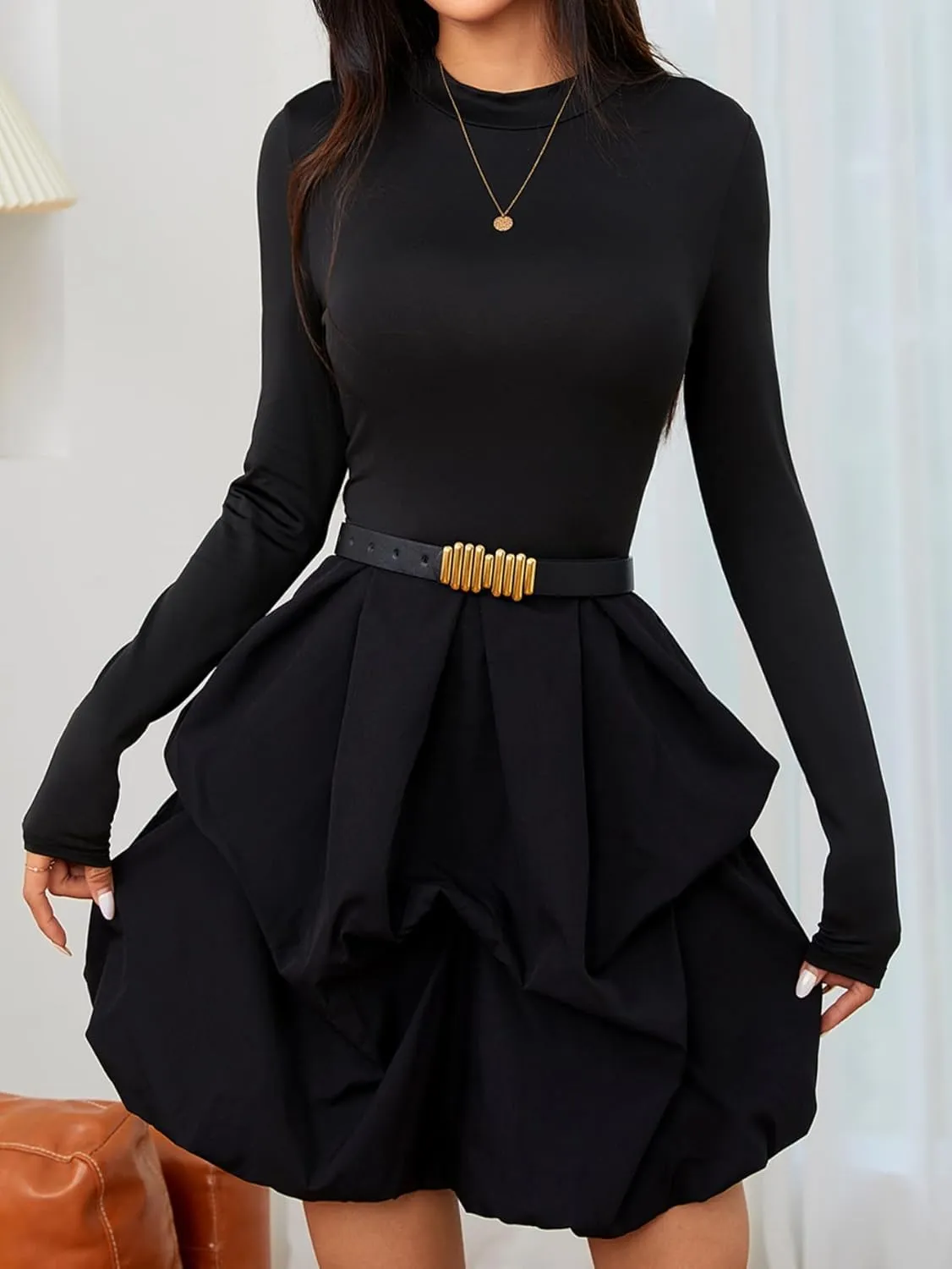 MakeMeChic Women's Long Sleeve Mock Neck Mini Dress Ruffle Hem A Line Short Dresses