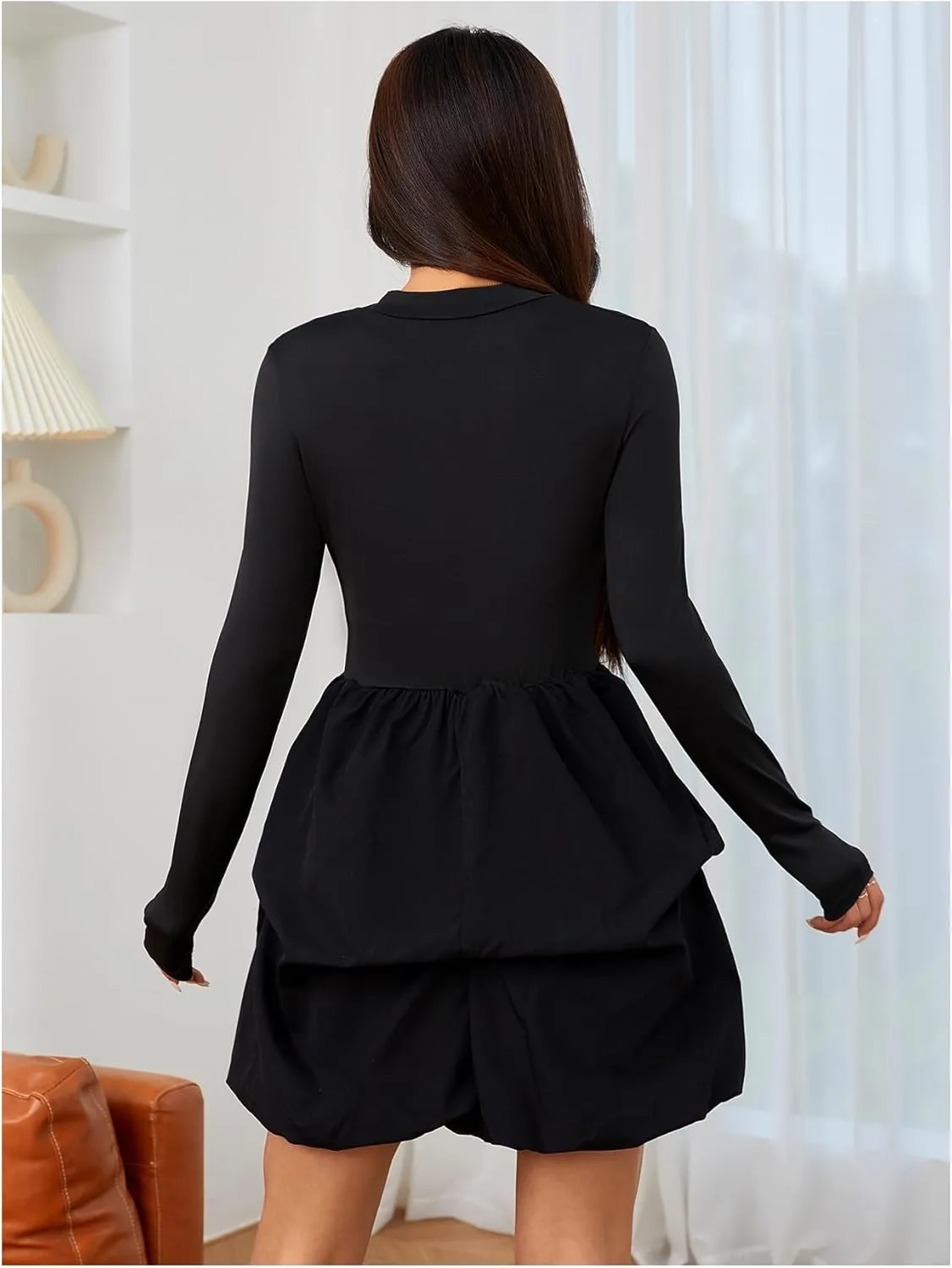 MakeMeChic Women's Long Sleeve Mock Neck Mini Dress Ruffle Hem A Line Short Dresses