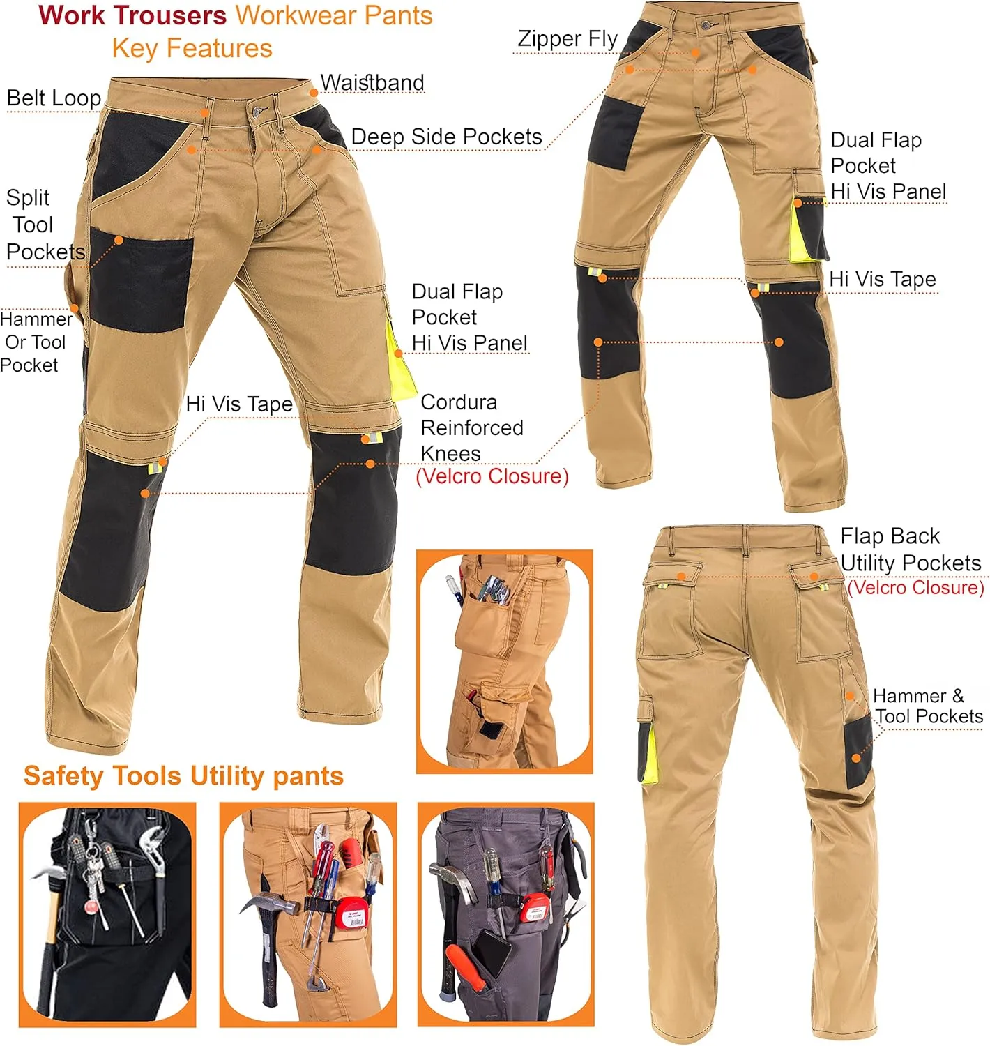 Men's Tactical Cargo Pants  Cordura Reinforced Work Trousers with Knee Pads, Holster Pockets and Safety Trousers