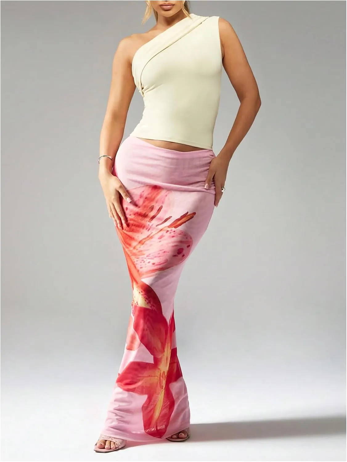 Milumia Women's Floral Fishtail Mesh Maxi Skirt Elegant Low Waist Bodycon Long Skirts