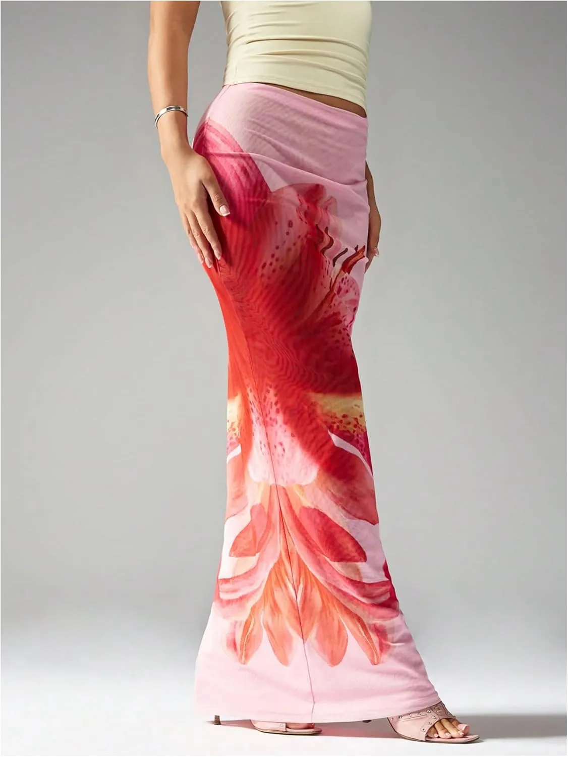 Milumia Women's Floral Fishtail Mesh Maxi Skirt Elegant Low Waist Bodycon Long Skirts