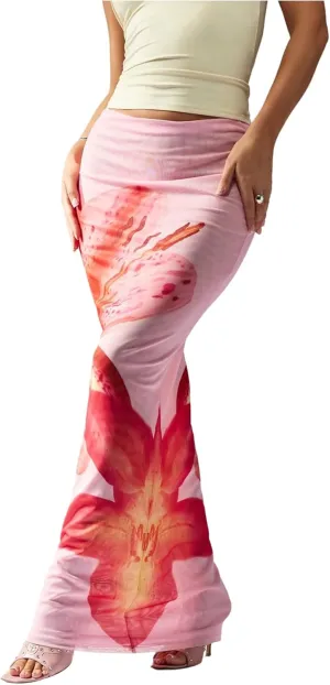 Milumia Women's Floral Fishtail Mesh Maxi Skirt Elegant Low Waist Bodycon Long Skirts