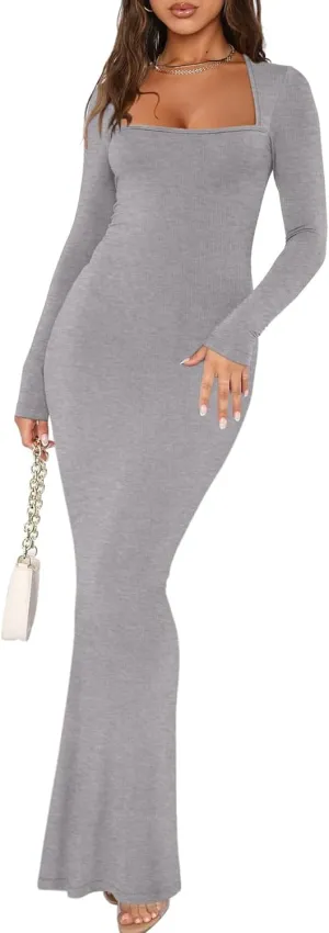 REORIA Womens Basic Sexy Square Neck Long Sleeve Soft Lounge Long Dress Fall Casual Ribbed Bodycon Maxi Dresses