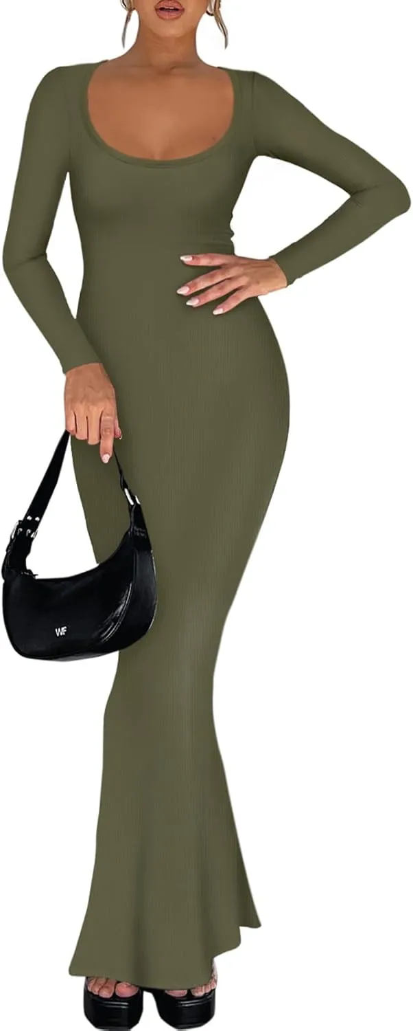 REORIA Womens Basic Sexy Square Neck Long Sleeve Soft Lounge Long Dress Fall Casual Ribbed Bodycon Maxi Dresses