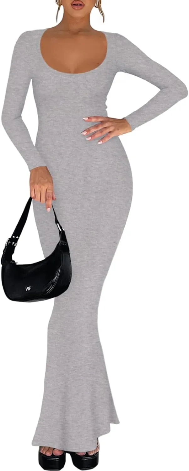 REORIA Womens Basic Sexy Square Neck Long Sleeve Soft Lounge Long Dress Fall Casual Ribbed Bodycon Maxi Dresses