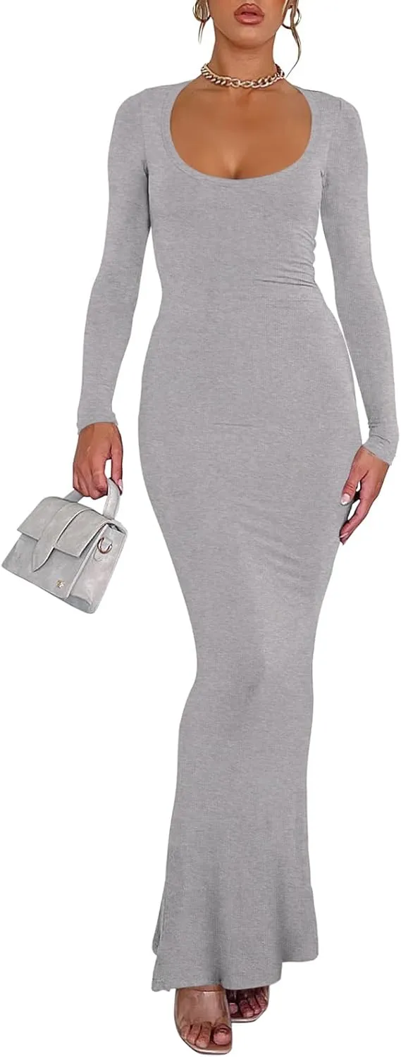 REORIA Womens Basic Sexy Square Neck Long Sleeve Soft Lounge Long Dress Fall Casual Ribbed Bodycon Maxi Dresses