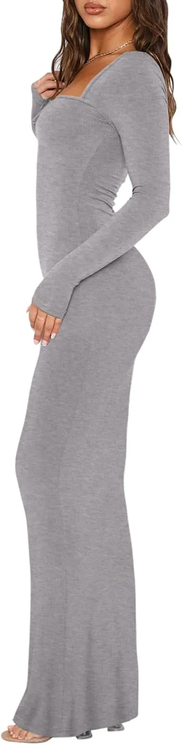 REORIA Womens Basic Sexy Square Neck Long Sleeve Soft Lounge Long Dress Fall Casual Ribbed Bodycon Maxi Dresses