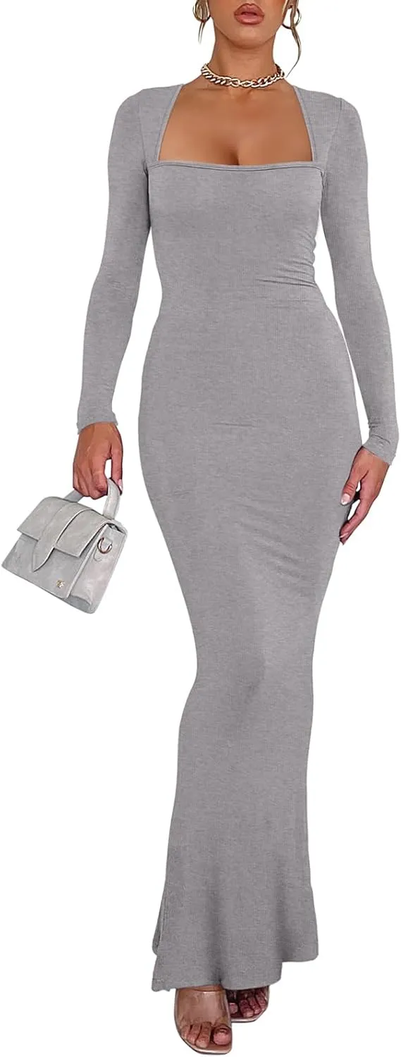 REORIA Womens Basic Sexy Square Neck Long Sleeve Soft Lounge Long Dress Fall Casual Ribbed Bodycon Maxi Dresses