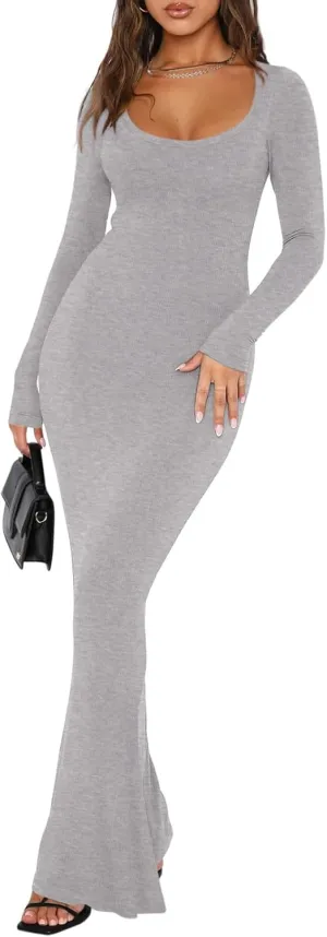 REORIA Womens Basic Sexy Square Neck Long Sleeve Soft Lounge Long Dress Fall Casual Ribbed Bodycon Maxi Dresses