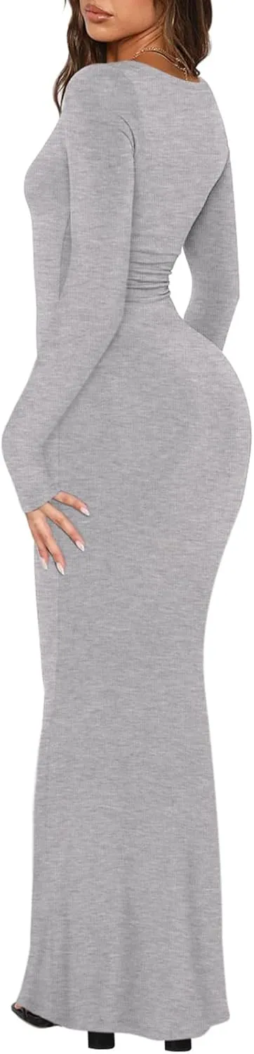 REORIA Womens Basic Sexy Square Neck Long Sleeve Soft Lounge Long Dress Fall Casual Ribbed Bodycon Maxi Dresses