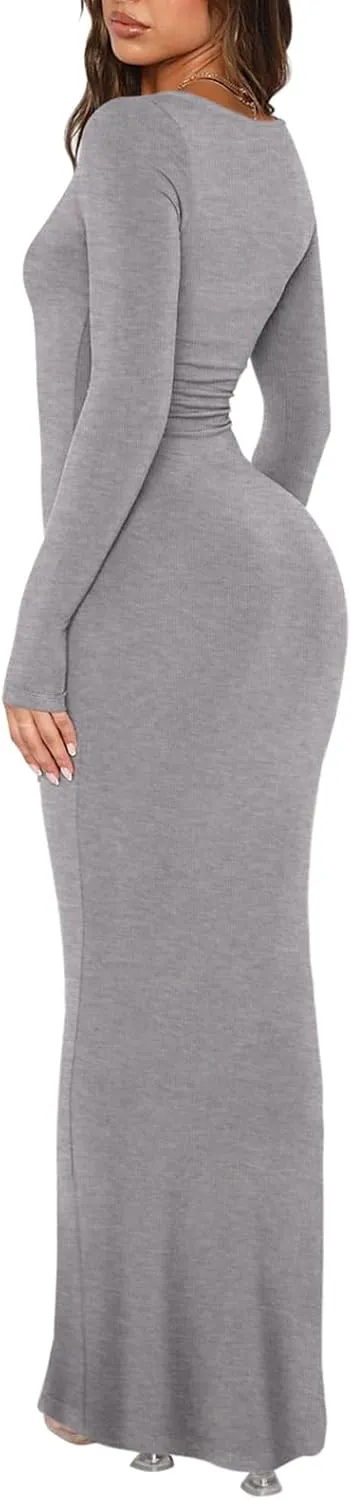 REORIA Womens Basic Sexy Square Neck Long Sleeve Soft Lounge Long Dress Fall Casual Ribbed Bodycon Maxi Dresses