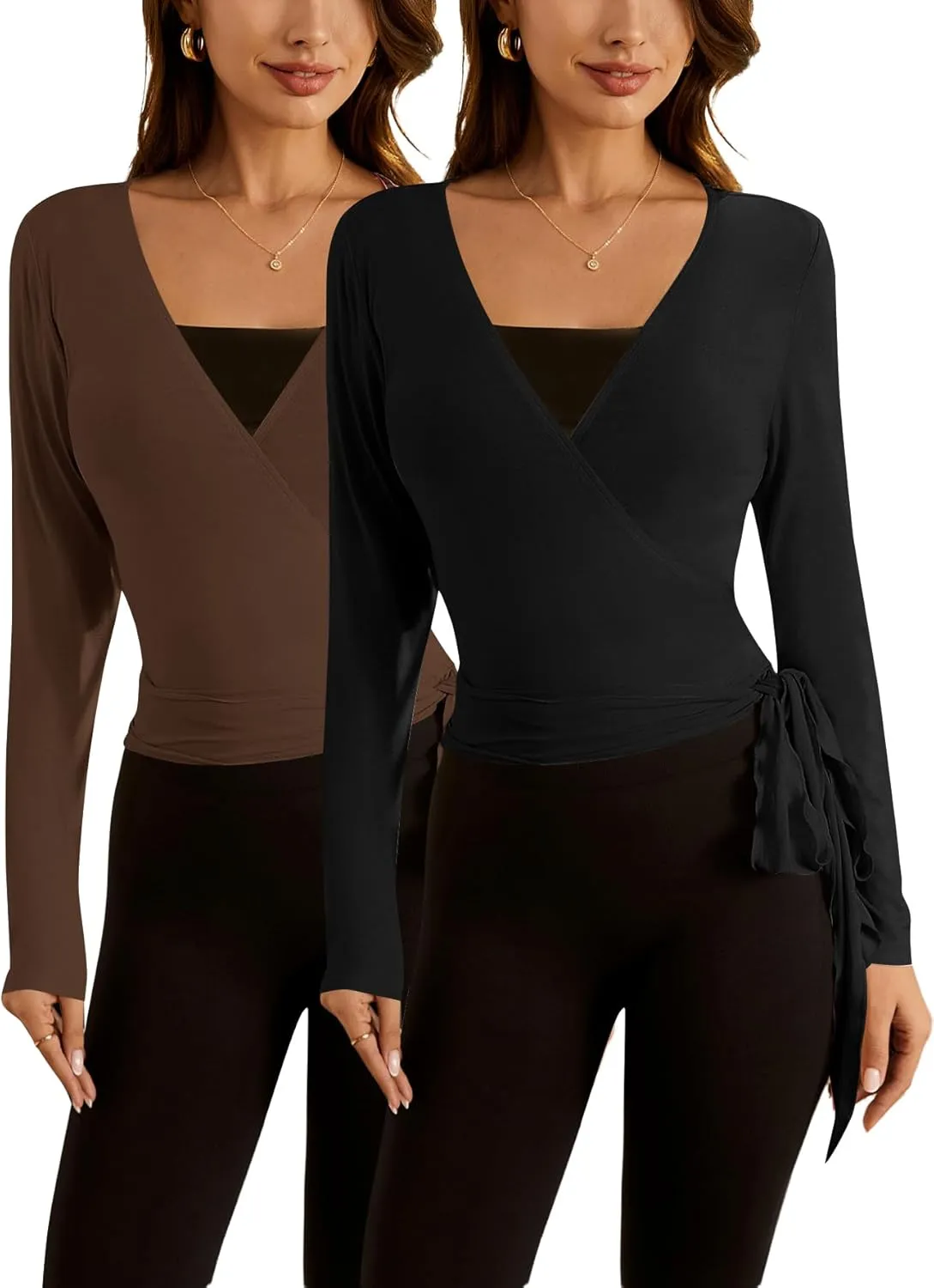 SweatyRocks Women's 2 Pack Long Sleeve Ballet Pilates Yoga Wrap Shirts Tie Front Workout Tops