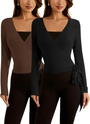 SweatyRocks Women's 2 Pack Long Sleeve Ballet Pilates Yoga Wrap Shirts Tie Front Workout Tops