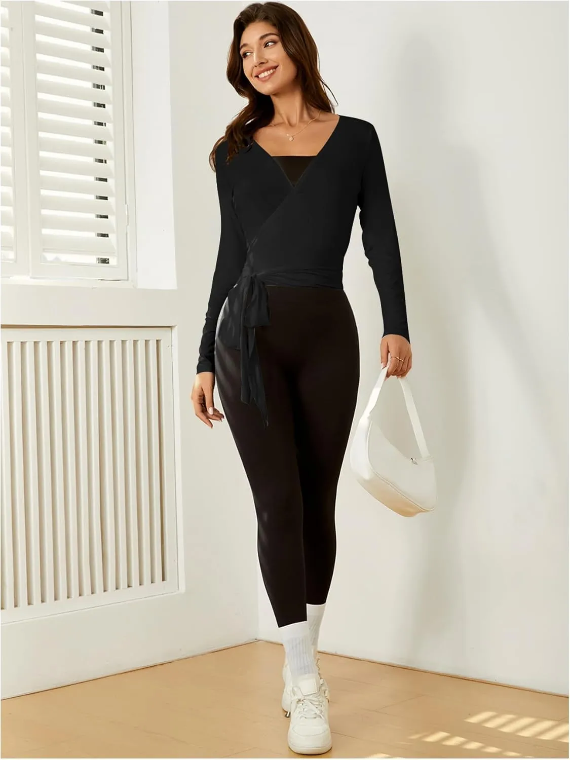 SweatyRocks Women's 2 Pack Long Sleeve Ballet Pilates Yoga Wrap Shirts Tie Front Workout Tops