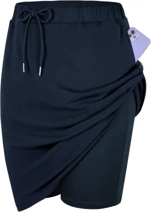 Tennis Skirt for Women with Pockets Athletic Skort Knee Length Golf High Waist Skirt Drawstring Shorts