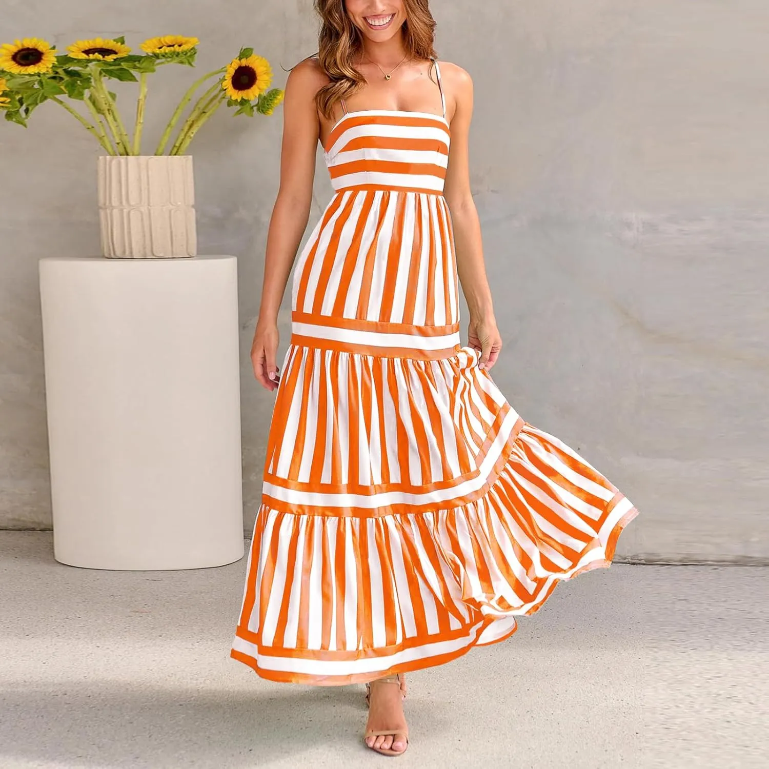 Thopavenoir Women Summer Striped Long Dress Spaghetti Strap Tiered Slip Maxi Dresses Flowy Swing Beach Vocation Sundresses