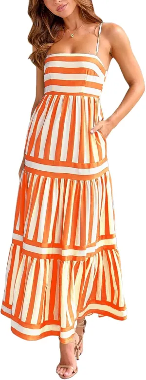 Thopavenoir Women Summer Striped Long Dress Spaghetti Strap Tiered Slip Maxi Dresses Flowy Swing Beach Vocation Sundresses