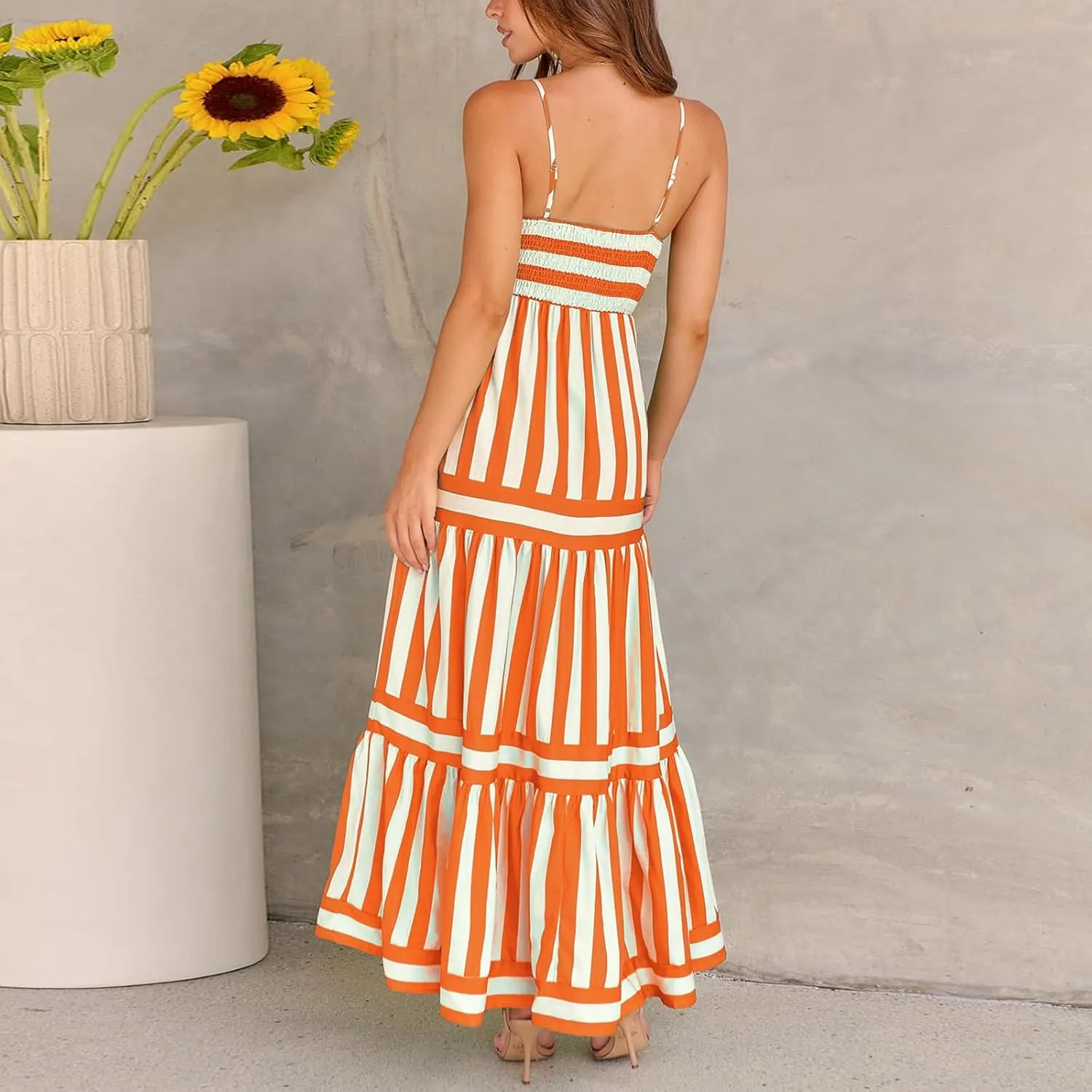Thopavenoir Women Summer Striped Long Dress Spaghetti Strap Tiered Slip Maxi Dresses Flowy Swing Beach Vocation Sundresses